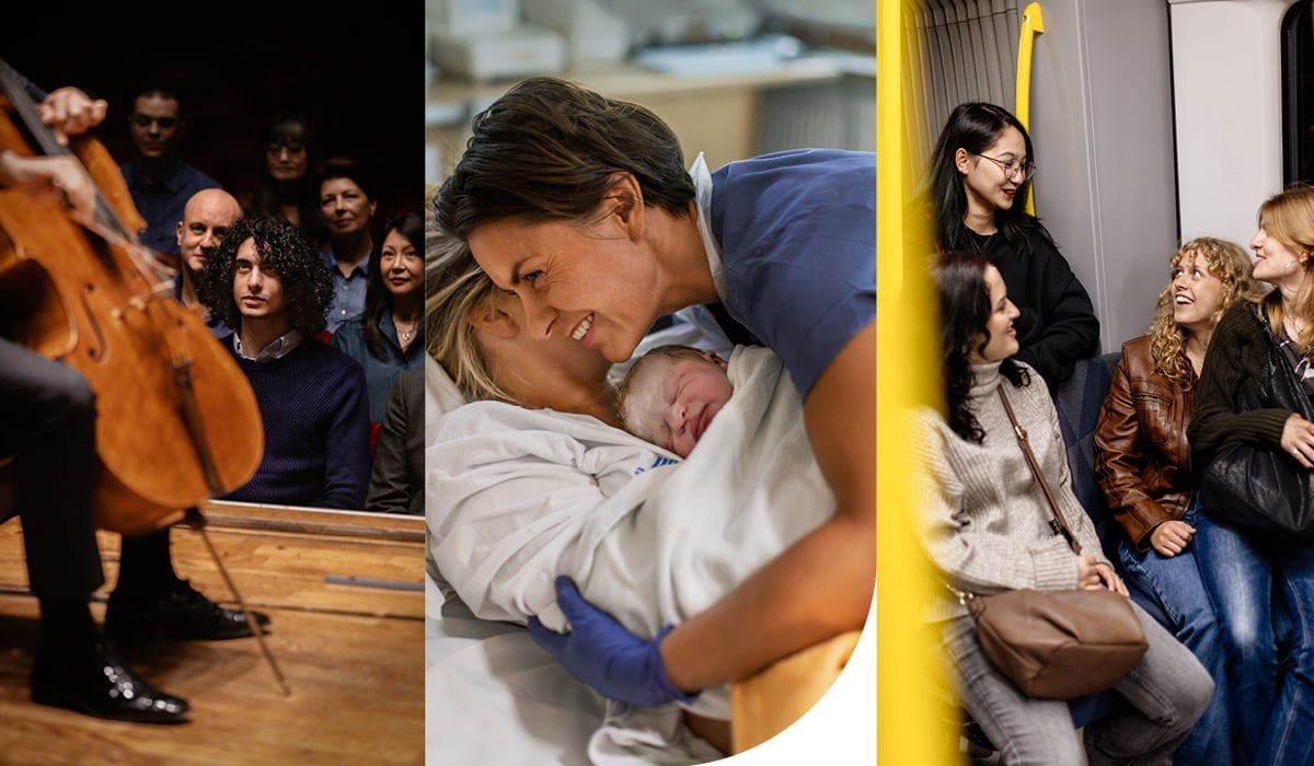 Ett kollage som visar tre bilder som föreställer en konsert, ett nyfött barn med mamman och en barnmorska samt ungdomar på tunnelbanan.